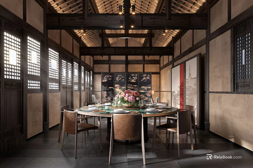 Traditional Chinese Private Dining Room with Wooden Beam Ceiling Round Table and Lattice Windows 3d model 