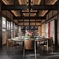 Traditional Chinese Private Dining Room with Wooden Beam Ceiling Round Table and Lattice Windows