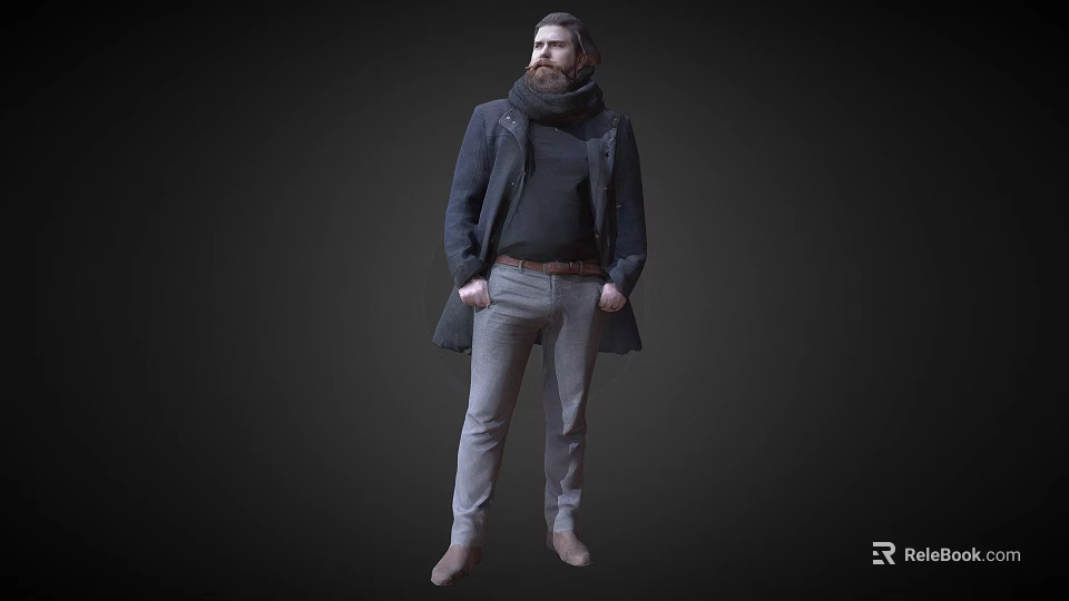 Stylish Man Wearing Dark Coat Scarf And Gray Pants Standing With Hands In Pockets 3d model 