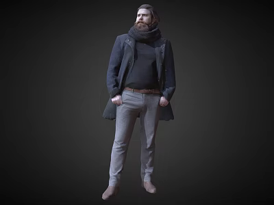 Stylish Man Wearing Dark Coat Scarf And Gray Pants Standing With Hands In Pockets 3d model