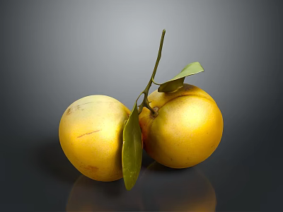 Two Ripe Yellow Oranges With Green Leaves On Dark Reflective Surface 3d model