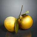 Two Ripe Yellow Oranges With Green Leaves On Dark Reflective Surface