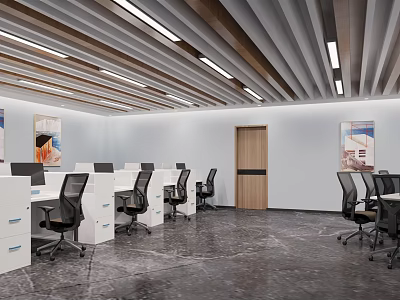 Public Office Space With Modern Desks Computers Linear Ceiling Lights And Decorative Artworks 3d model