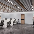 Public Office Space With Modern Desks Computers Linear Ceiling Lights And Decorative Artworks