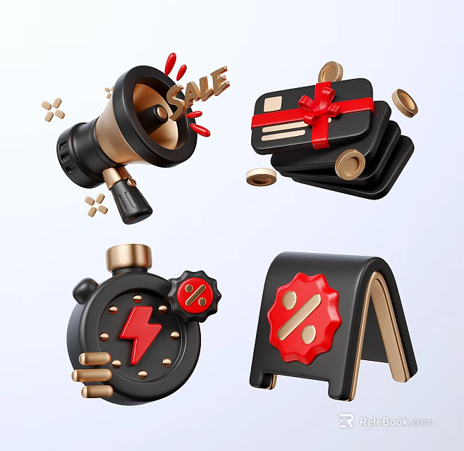 Ecommerce Promotion Elements With Megaphone Sale Gift Box Timer And Percentage Sign 3d model 