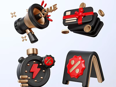 Ecommerce Promotion Elements With Megaphone Sale Gift Box Timer And Percentage Sign 3d model