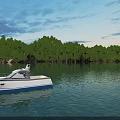 Scenic Garden Landscape on Island with Lush Green Trees and Blue Water Featuring White Yacht
