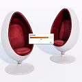 Two Egg Shaped Lounge Chairs With White Outer Shell And Red Cushions On Round Base 3d model