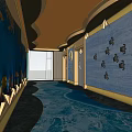 Ocean Themed Elevator Corridor With Blue Wall Relief Decorations And Gold Borders