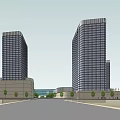 Modern Commercial Complex Featuring Glass Curtain Walls Surrounding High Rise Buildings and Lush Greenery