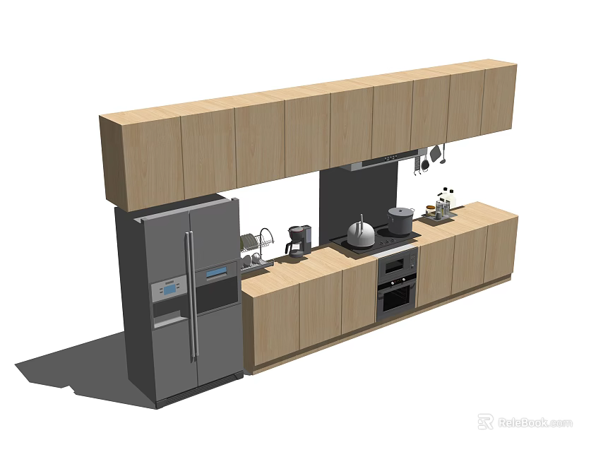 Modern Light Wood Kitchen Cabinets With Upper Lower Units And Appliances 3d model