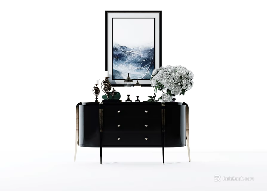 Modern Entryway Console Table With Black Finish Gold Legs Framed Art And Decorative Vase 3d model 