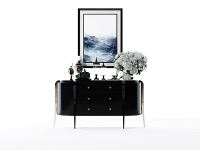 Modern Entryway Console Table With Black Finish Gold Legs Framed Art And Decorative Vase 3d model