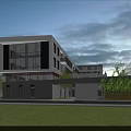 Modern Multi Storey Office Building With Large Glass Windows Green Lawn And Trees