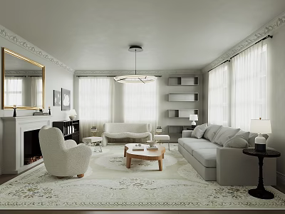 Bright Modern Living Room Interior With Light Sofa Coffee Table Area Rug And Fireplace 3d model