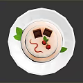 Two Layer Cake with White Cream Red Cherries Chocolate Pieces Green Leaves on White Plate