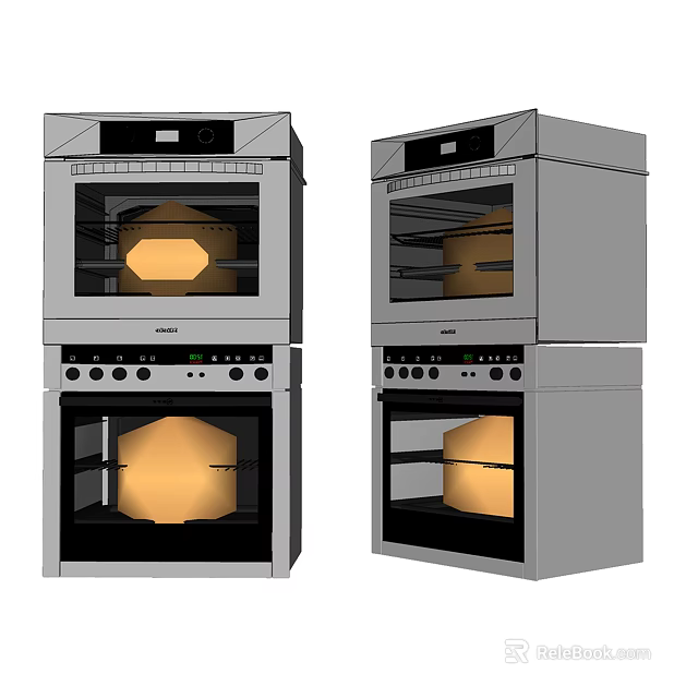 Stainless Steel Built in Double Kitchen Ovens with Glass Doors and Control Panels 3d model 