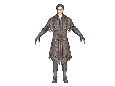 Man Wearing Long Coat With Fringes Detailed Decorations And Long Boots 3d model