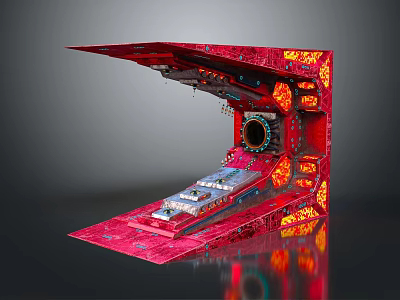 Red Themed Cartoon Scene Featuring Mechanical Structure Control Panel Circular Window And Glowing Details 3d model
