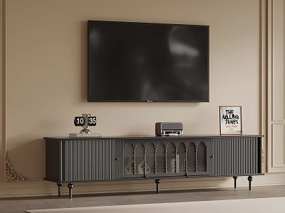 Modern Dark TV Stand With Ribbed Doors Slim Legs Clock Audio Device And Picture Frame 3d model