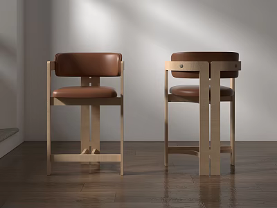 Modern Single Chair With Wooden Frame And Brown Leather Seat In Minimalist Indoor Design 3d model