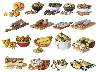 Assorted Foods Display With Fruits Nuts Cured Meats Sausages Breads And Cookies 3d model