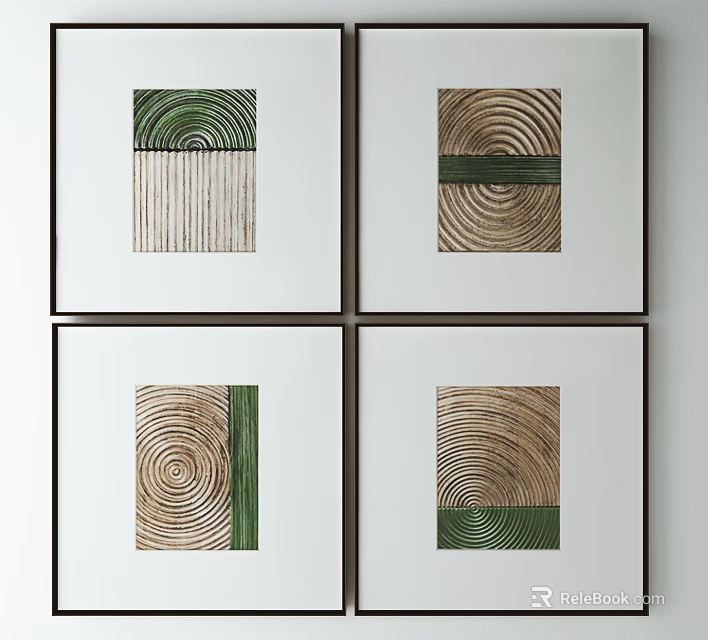 Four Modern Decorative Paintings With Tree Ring Patterns Green Accents And Black Frames 3d model