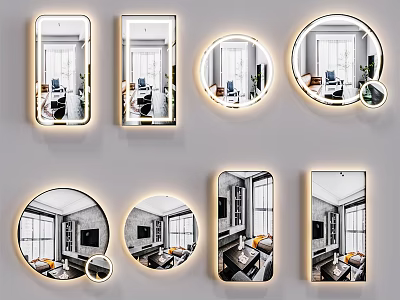 Modern Decorative Mirrors in Various Shapes with Lighted Edges Reflecting Interior Scenes 3d model