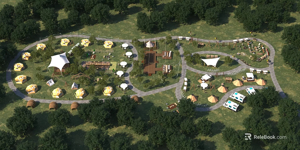 Scenic Camping Site With Tents RV Spots Lush Greenery And Activity Areas 3d model 