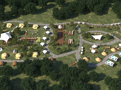 Scenic Camping Site With Tents RV Spots Lush Greenery And Activity Areas 3d model