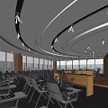 Modern Conference Room Interior Design With Curved Ceiling Arranged Tables And Large Windows
