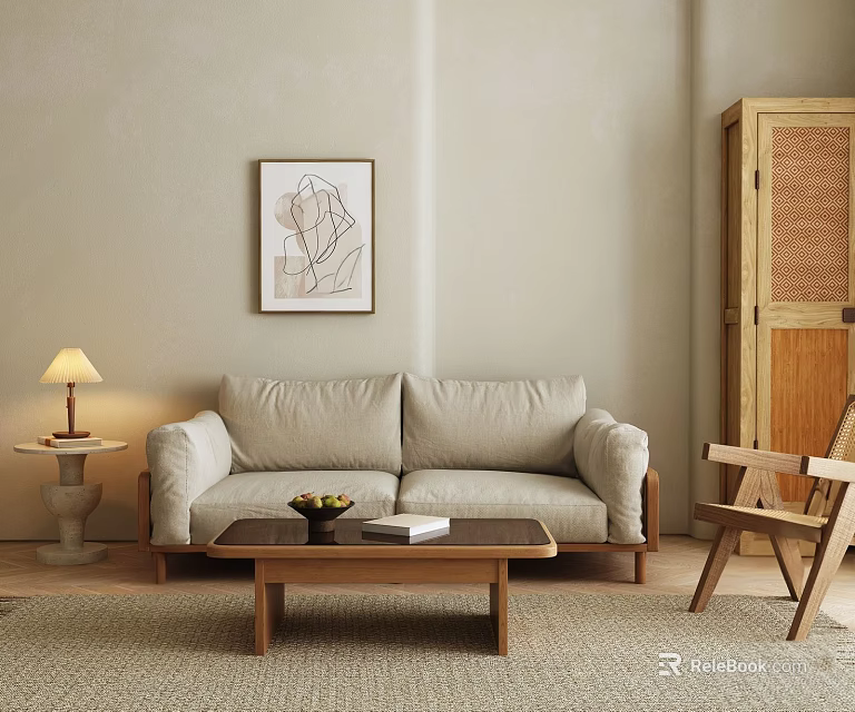 Cozy Modern Sofa Coffee Table Set With Beige Fabric Wooden Frame And Wall Art 3d model 