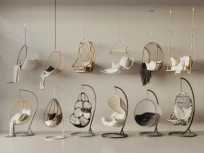 Various Stylish Hanging Chairs With Rattan Metal Frames Soft Cushions And Modern Designs 3d model