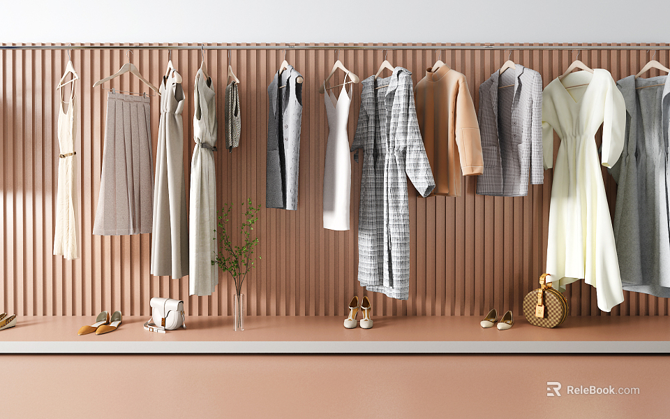 Light Beige Gray White Clothes on Wooden Hangers Wooden Wall with Shoes Bags Accessories 3d model 