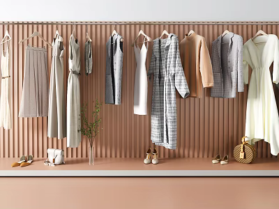 Light Beige Gray White Clothes on Wooden Hangers Wooden Wall with Shoes Bags Accessories 3d model