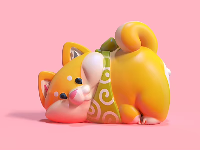 Yellow Shiba Inu Decorative Ornament Set With Green Ribbon White Spiral Patterns On Pink Background 3d model