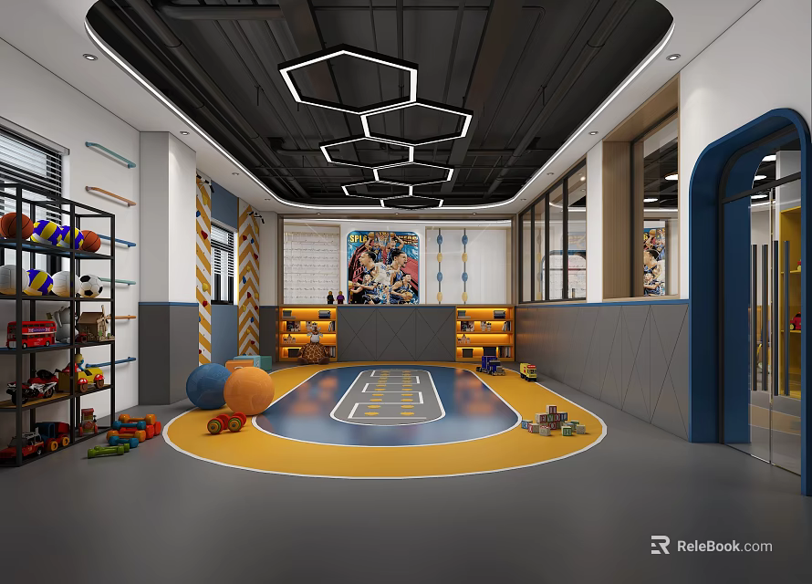 Indoor Kids Fitness Play Area With Basketball Court Colorful Balls And Toy Shelves 3d model 