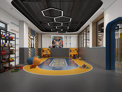 Indoor Kids Fitness Play Area With Basketball Court Colorful Balls And Toy Shelves 3d model