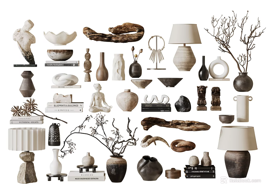 Decorative Ornament Combination With Vases Sculptures Ceramic Pieces Wooden Decor And Lamp 3d model 