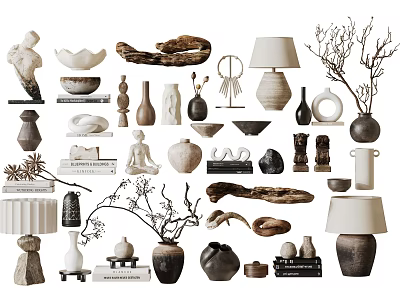 Decorative Ornament Combination With Vases Sculptures Ceramic Pieces Wooden Decor And Lamp 3d model