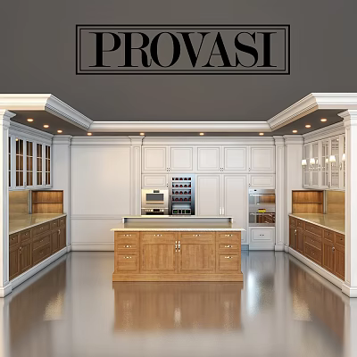 Luxurious Restaurant Kitchen Interior With White Cabinets Wooden Island Counter And Built in Appliances 3d model