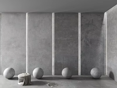 Stone And Wood Stool On Floor With Gray Wall Vertical Lines And White Spheres 3d model