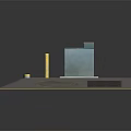 Outdoor Site Layout With Green Building Yellow Poles Gray Surface And Square Ground Patches