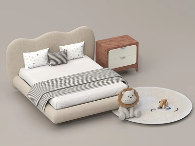 Beige Kids Bed With Curved Headboard Star Patterned Pillows Wooden Nightstand And Plush Lion Toy 3d model
