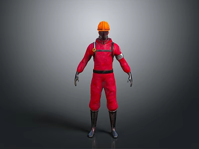 3D Model of Worker in Red Uniform With Orange Safety Helmet Standing Against Gray Background 3d model