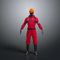 3D Model of Worker in Red Uniform With Orange Safety Helmet Standing Against Gray Background