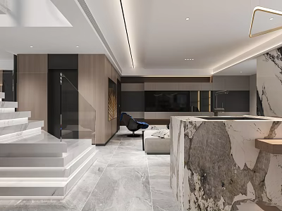 Modern Living Dining Room Interior Design With Marble Surfaces Sofa And Dining Table 3d model