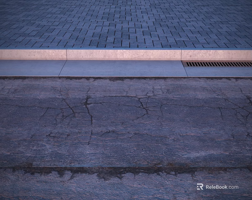 Urban Road Infrastructure Featuring Paved Surface Concrete Curb And Metal Drainage Grate 3d model 