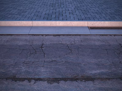 Urban Road Infrastructure Featuring Paved Surface Concrete Curb And Metal Drainage Grate 3d model