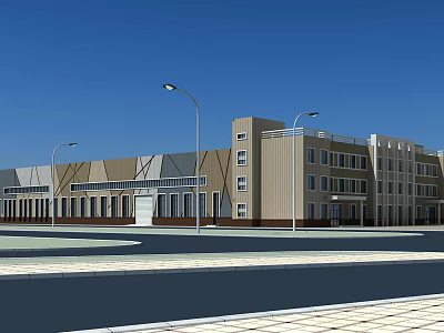 Modern Industrial Factory Building Exterior With Multi Story Structure Street Lamps And Metal Panels 3d model